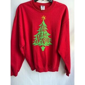 Jerzees Tis The Season Christmas Pullover Sweater Size M Red Crewneck Holidays
